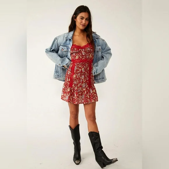 NWT Free People Last Night Mini Slip Dress Red Floral Lace Inset Ruffle Hem M NWT Free People Last Night Mini Slip Dress Red Floral Lace Inset Ruffle Hem M
